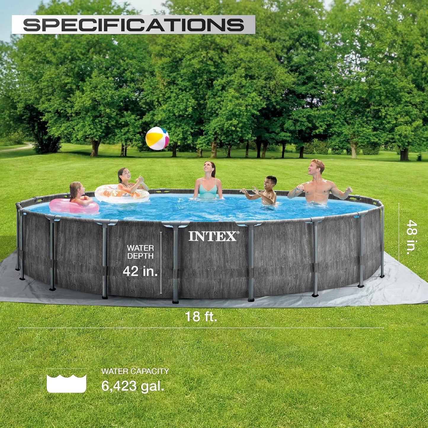 Intex Prism Frame Round Above Ground Outdoor Swimming Pool Set with Filter Pump, Ladder, Ground Cloth, and Pool Cover, Greywood