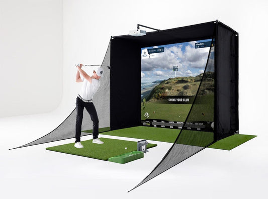 SkyTrak+ Golf Simulator Studio Pro Package - SkyTrak+ Launch Monitor, Protective Shield, Enclosure, Simulator Software, Hitting Mat, Projector and Ball Tray