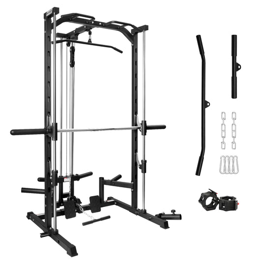 RitFit Smith Machine Power Rack with LAT-Pull Down System, Landmine, Barbell Bar, Plate Storage Pegs and More Training Attachment