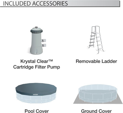 Intex Greywood Prism Frame 15' x 48" Round Above Ground Outdoor Swimming Pool Set with 1000 GPH Filter Pump, Ladder, Ground Cloth, and Pool Cover