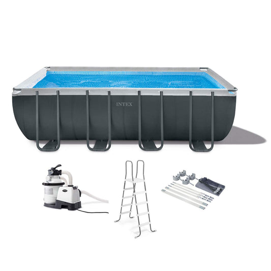 Intex 18 Foot by 52 Inch Ultra XTR Framed Swimming Pool Set with Sand Filter Pump, Pool Cover and Ladder, Protective Canopy, and Ground Cloth, Gray