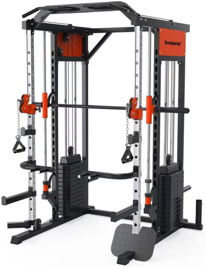 Strongway® Multi Gym Smith Machine with Weights 144KG Weight Stack Included - Multifunction Home Gym Dual Cable Pulley Dip Station Pull Up Bar Strength Training