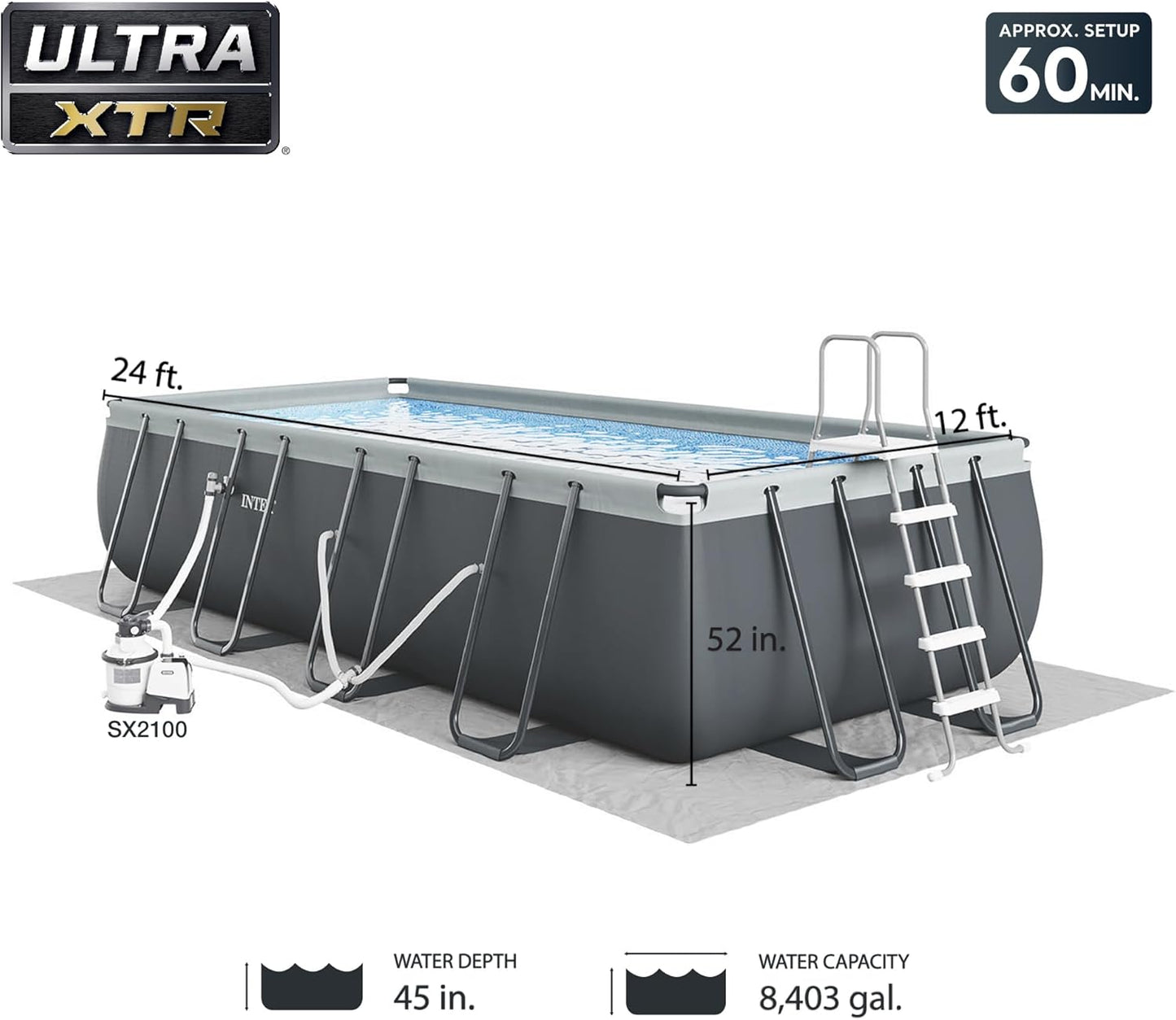 Intex Ultra XTR Frame 24' x 12' x 52" Above Ground Swimming Pool Set with Sand Filter Pump, Pool Cover, Ladder, and Protective Sun Canopy Attachment