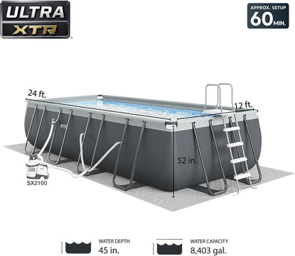 Intex Ultra XTR Frame 24' x 12' x 52" Above Ground Swimming Pool Set with Sand Filter Pump, Pool Cover, Ladder, and Protective Sun Canopy Attachment
