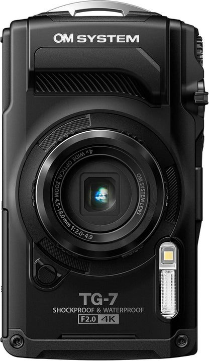 OM SYSTEM Tough TG-7 Black Digital Camera, 12MP, Waterproof, Shockproof, Underwater and Macro Shooting Modes, high speed image sensor, 4K Video, 4x-wide-angle zoom (successor Olympus TG-6)