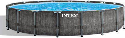 Intex Prism Frame Round Above Ground Outdoor Swimming Pool Set with Filter Pump, Ladder, Ground Cloth, and Pool Cover, Greywood