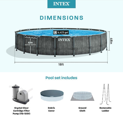 Intex Prism Frame Round Above Ground Outdoor Swimming Pool Set with Filter Pump, Ladder, Ground Cloth, and Pool Cover, Greywood