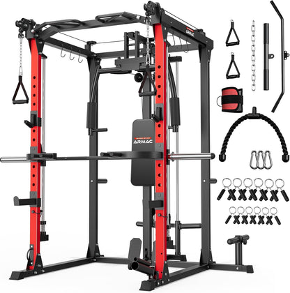 ARMAC Smit Machine, 2000LBS Dual Pulley Functional Power Cage, Squat Rack with Cable Crossover System, Home Gym Trainer, Pull-Up Bar, Spotter Arms, Home Gym Equipment