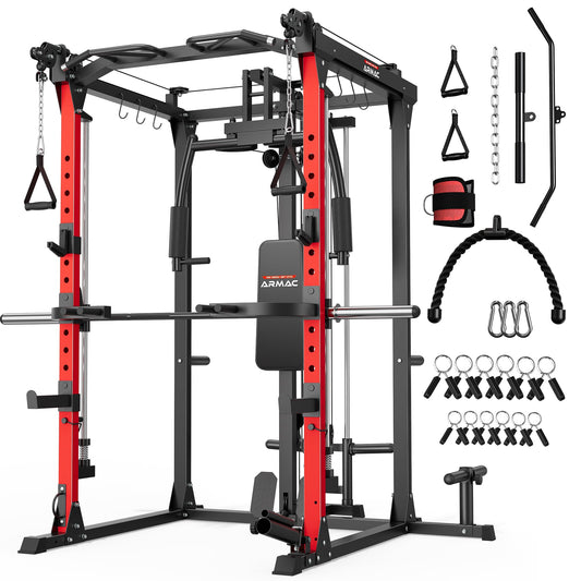 ARMAC Smit Machine, 2000LBS Dual Pulley Functional Power Cage, Squat Rack with Cable Crossover System, Home Gym Trainer, Pull-Up Bar, Spotter Arms, Home Gym Equipment