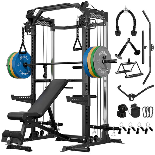 Mikolo Power Cage, 2000LB Squat Rack, Dual Pulley Cable Crossover System, Multi-function Free Weight Home Gym Workout Machine with Attachments
