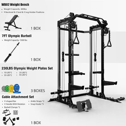 Mikolo Power Cage, 2000LB Squat Rack, Dual Pulley Cable Crossover System, Multi-function Free Weight Home Gym Workout Machine with Attachments