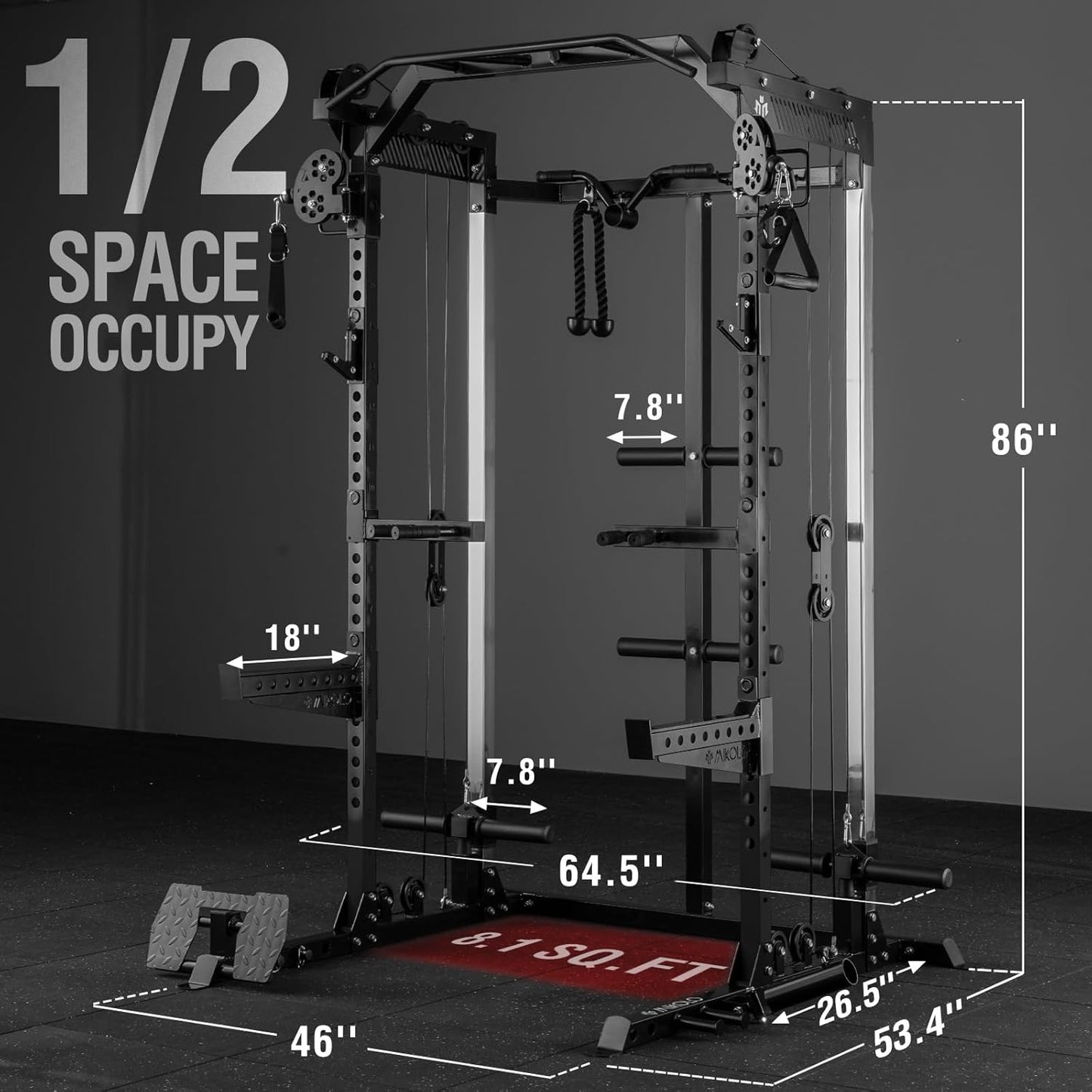 Mikolo Power Cage, 2000LB Squat Rack, Dual Pulley Cable Crossover System, Multi-function Free Weight Home Gym Workout Machine with Attachments