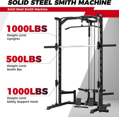 RitFit Smith Machine Power Rack with LAT-Pull Down System, Landmine, Barbell Bar, Plate Storage Pegs and More Training Attachment