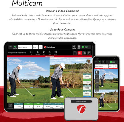 FlightScope Mevo+ GPS Launch Monitor and Golf Simulator | 20+ Swing Data Parameters with Multicam, 12 E6 Courses, 17 Practice Ranges and Games - for Indoor & Outdoor Use | Works with iOS and PC