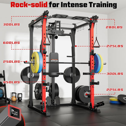 ARMAC Smit Machine, 2000LBS Dual Pulley Functional Power Cage, Squat Rack with Cable Crossover System, Home Gym Trainer, Pull-Up Bar, Spotter Arms, Home Gym Equipment