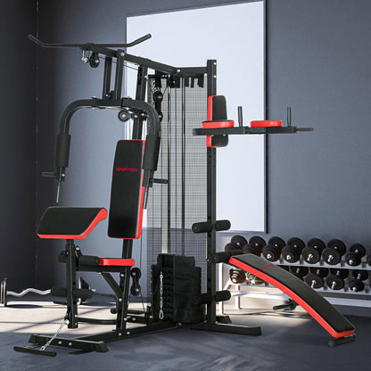 SPORTNOW Multi Gym Workout Station with 65kg Weight Stack, Sit Up Bench, Push Up Stand, Dip Station, Adjustable, Full Body Strength Training for Home Gym
