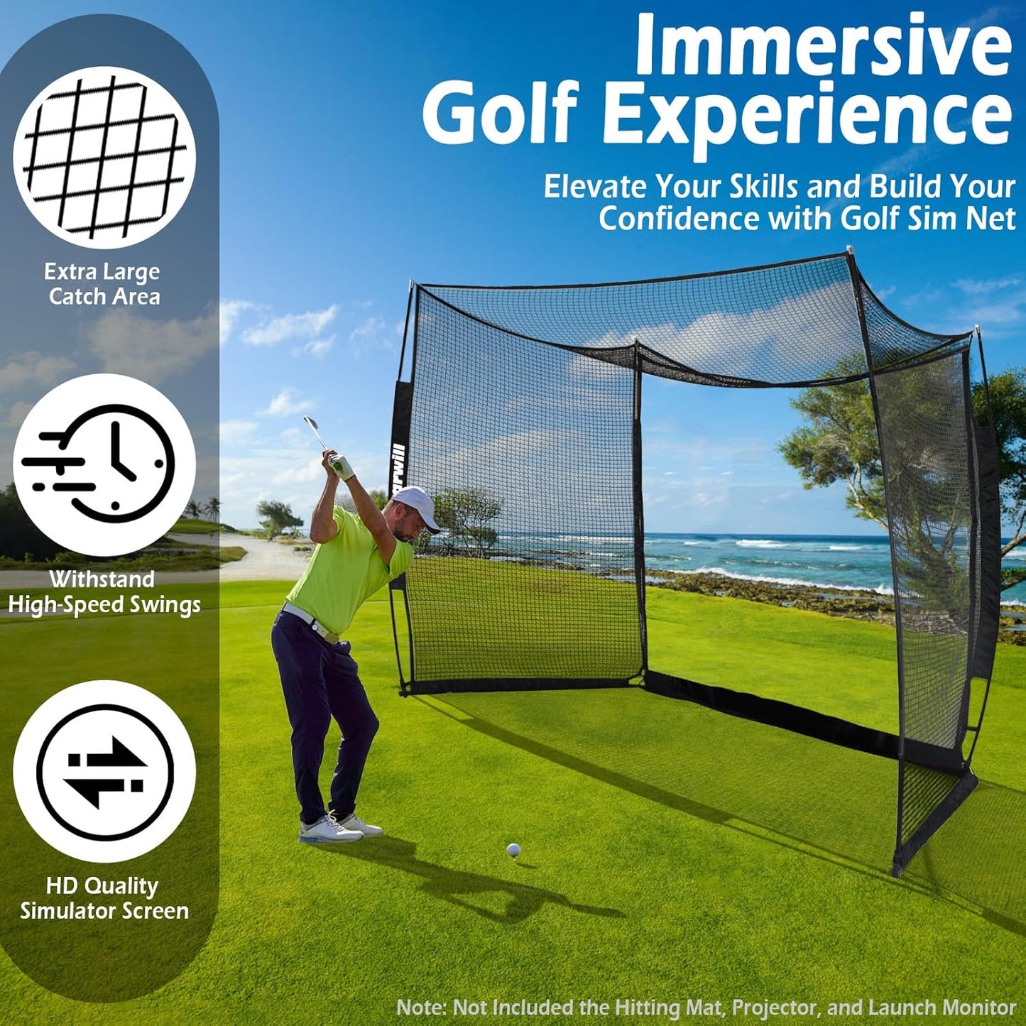 Bearwill Golf Net with Simulator Impact Screen, 11x8ft Golf Practice Net Hitting Net Range Cage, HD Blank Impact Screen and Target Cloth, Simulators Enclosure for Driving Swing, Home Garage Backyard