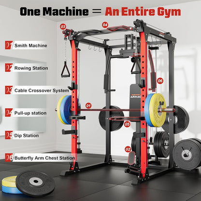 ARMAC Smit Machine, 2000LBS Dual Pulley Functional Power Cage, Squat Rack with Cable Crossover System, Home Gym Trainer, Pull-Up Bar, Spotter Arms, Home Gym Equipment
