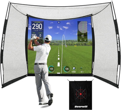 Bearwill Golf Net with Simulator Impact Screen, 11x8ft Golf Practice Net Hitting Net Range Cage, HD Blank Impact Screen and Target Cloth, Simulators Enclosure for Driving Swing, Home Garage Backyard