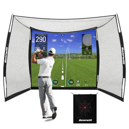 Bearwill Golf Net with Simulator Impact Screen, 11x8ft Golf Practice Net Hitting Net Range Cage, HD Blank Impact Screen and Target Cloth, Simulators Enclosure for Driving Swing, Home Garage Backyard