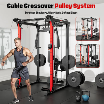 ARMAC Smit Machine, 2000LBS Dual Pulley Functional Power Cage, Squat Rack with Cable Crossover System, Home Gym Trainer, Pull-Up Bar, Spotter Arms, Home Gym Equipment