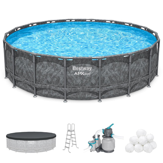 Bestway APX 365 18' x 52" Round Above Ground Swimming Pool Outdoor Backyard Framed Pool Set with Sand Filter Pump, Ladder, and Cover, Dark Marble
