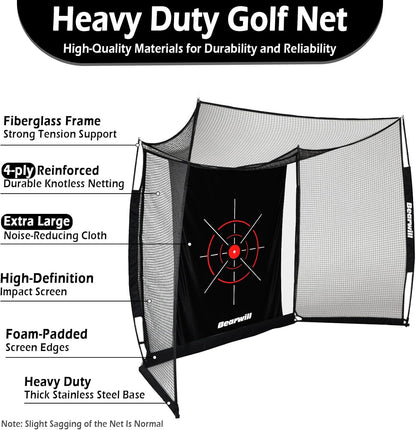 Bearwill Golf Net with Simulator Impact Screen, 11x8ft Golf Practice Net Hitting Net Range Cage, HD Blank Impact Screen and Target Cloth, Simulators Enclosure for Driving Swing, Home Garage Backyard