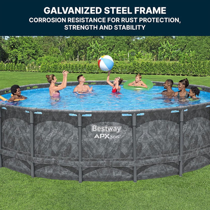 Bestway APX 365 18' x 52" Round Above Ground Swimming Pool Outdoor Backyard Framed Pool Set with Sand Filter Pump, Ladder, and Cover, Dark Marble