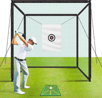 Golf Cage Net Golf Cages with Frame and Net 10x10x10 Golf Net for Driving and Hitting Practice Includes Stability Rope Target Cloth and Swing Mat Color Green