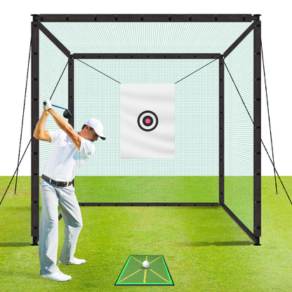 Golf Cage Net Golf Cages with Frame and Net 10x10x10 Golf Net for Driving and Hitting Practice Includes Stability Rope Target Cloth and Swing Mat Color Green