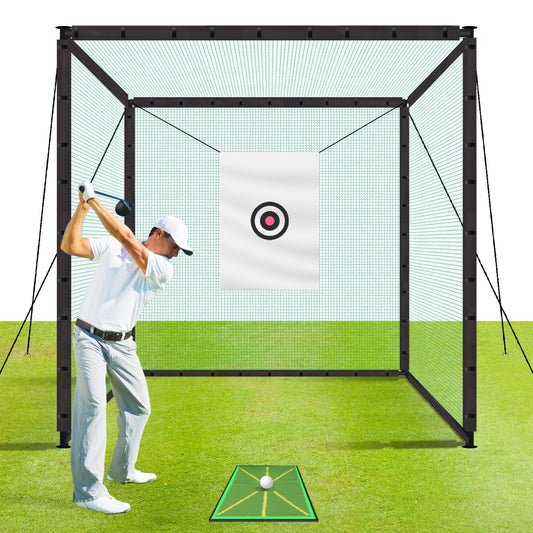 Golf Cage Net Golf Cages with Frame and Net 10x10x10 Golf Net for Driving and Hitting Practice Includes Stability Rope Target Cloth and Swing Mat Color Green