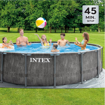 Intex Greywood Prism Frame 15' x 48" Round Above Ground Outdoor Swimming Pool Set with 1000 GPH Filter Pump, Ladder, Ground Cloth, and Pool Cover