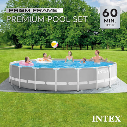 Intex 20ft x 52in Outdoor Prism Frame Above Ground Swimming Pool Set with Cartridge Filter Pump, 2 Lounger Float Chairs and Inflatable Cooler with Lid